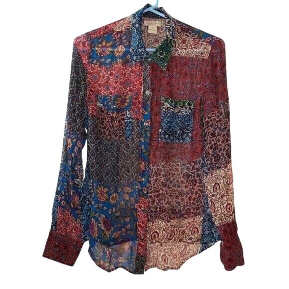 Lucky Brand Womens Sheer Patchwork Button-Up Shirt S Rayon Boho Design - Picture 1 of 10